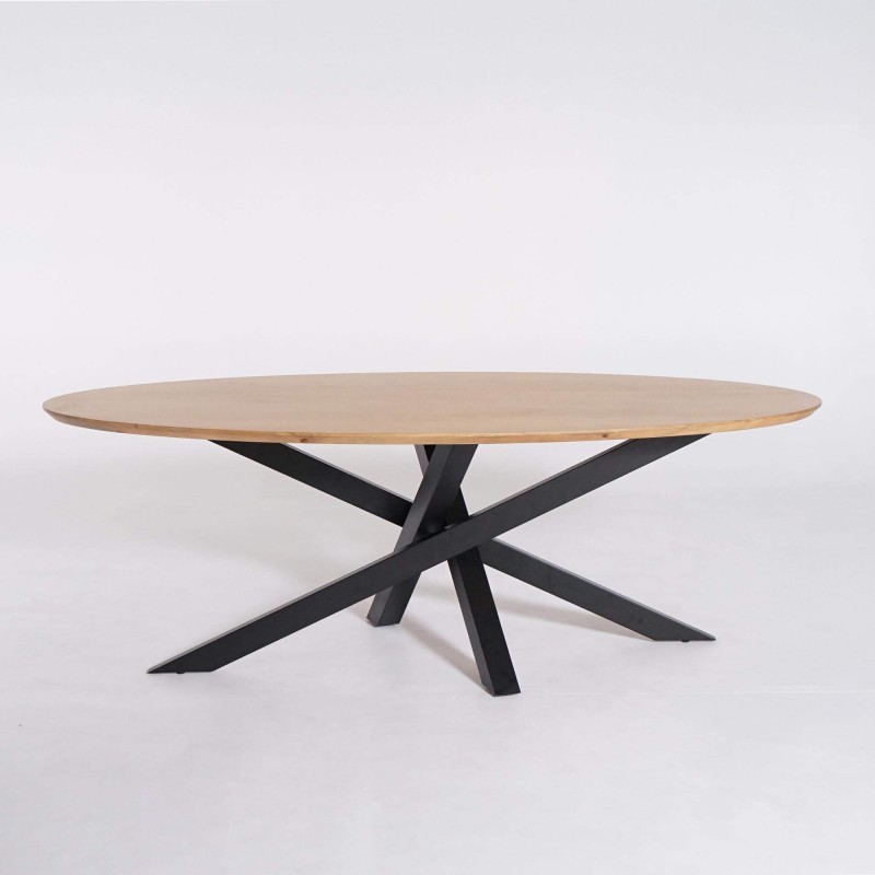 Table de salle à manger ovale en bois massif à pied mikado en métal 220 cm