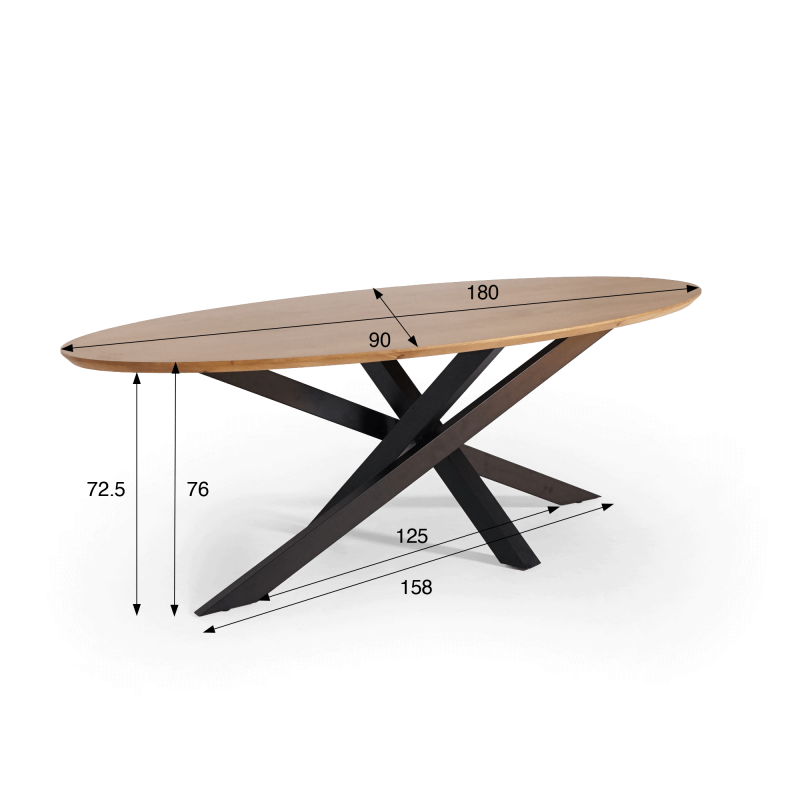 Table de salle à manger ovale en bois massif à pied mikado en métal 180 cm