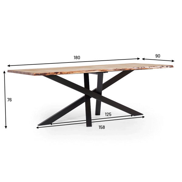 Table de salle à manger en bois massif à pied mikado en métal et bords naturels 180 cm