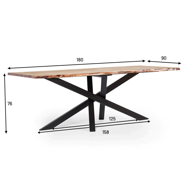 Table de salle à manger en bois massif à pied mikado en métal et bords naturels 180 cm