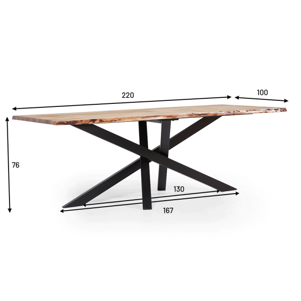 Table de salle à manger en bois massif à pied mikado en métal et bords naturels 220 cm