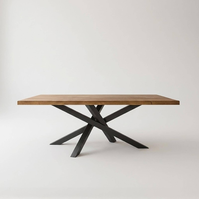 Table de salle à manger en bois massif à pied mikado en métal 180 cm