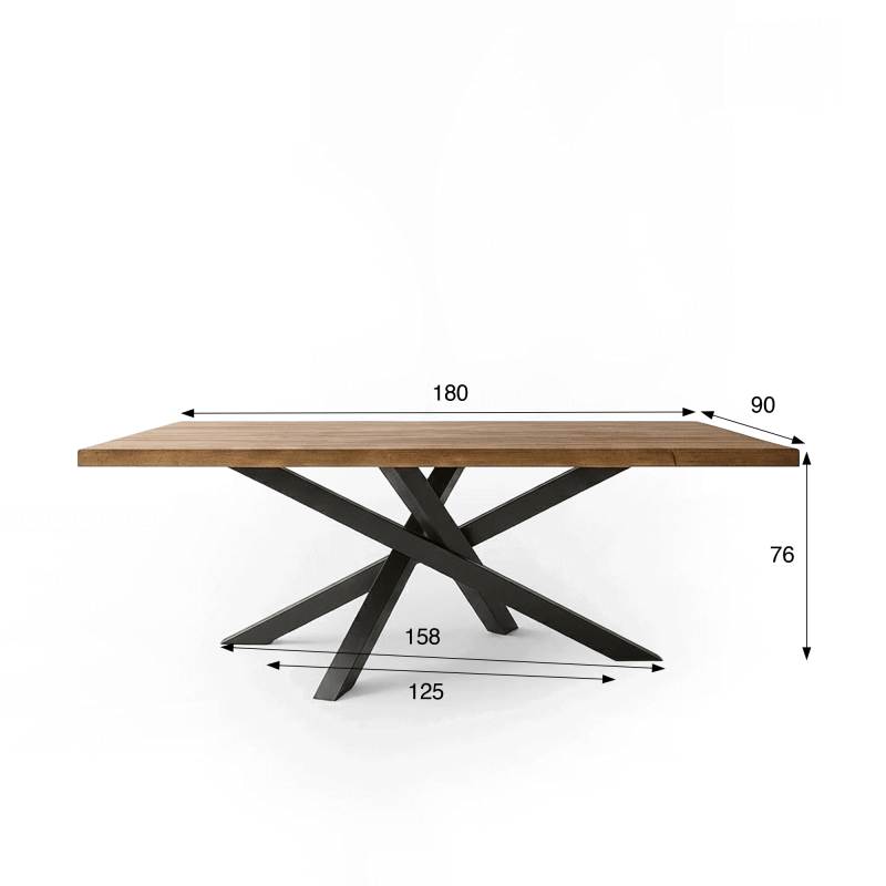Table de salle à manger en bois massif à pied mikado en métal 180 cm