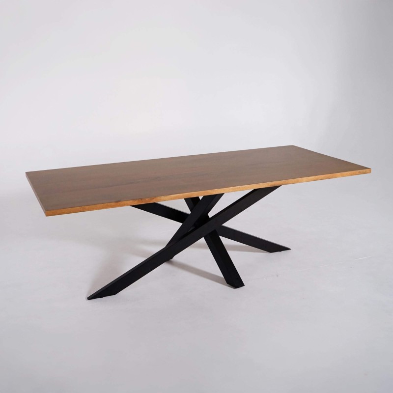 Table de salle à manger en bois massif à pied mikado en métal 180 cm