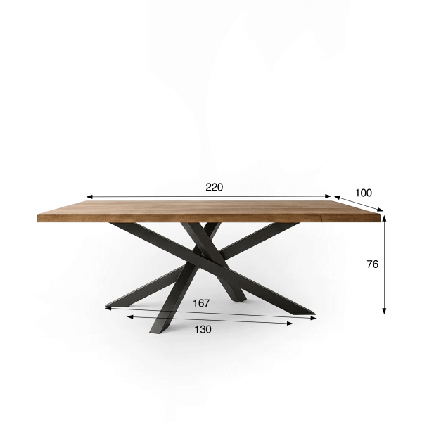 Table de salle à manger en bois massif à pied mikado en métal 220 cm
