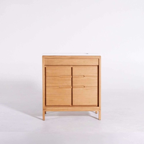 Meuble de salle de bain simple vasque en bois massif, blanc mat - Ashwini