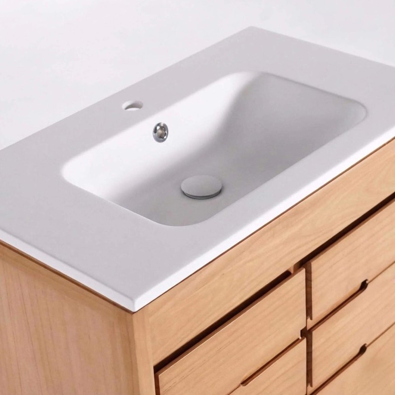 Meuble de salle de bain simple vasque en bois massif, blanc mat - Ashwini