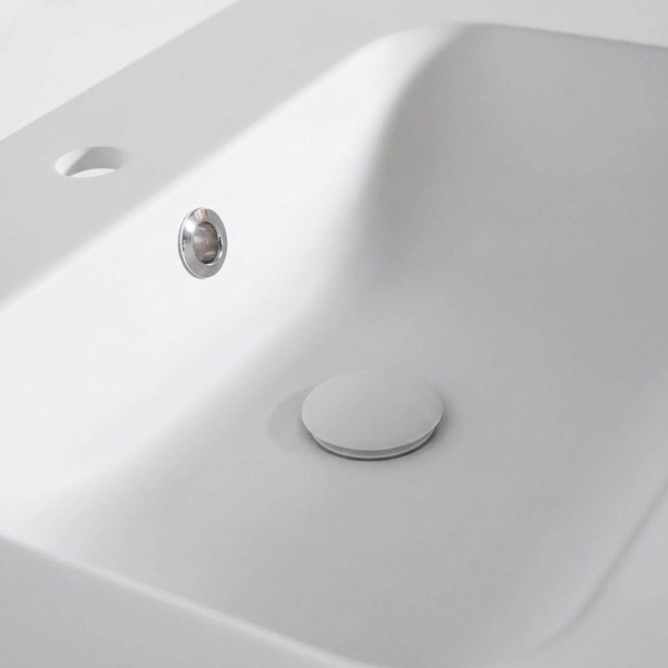 Meuble de salle de bain simple vasque en bois massif, blanc mat - Satya