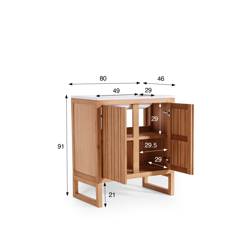 Meuble de salle de bain simple vasque en bois massif, blanc mat - Satya