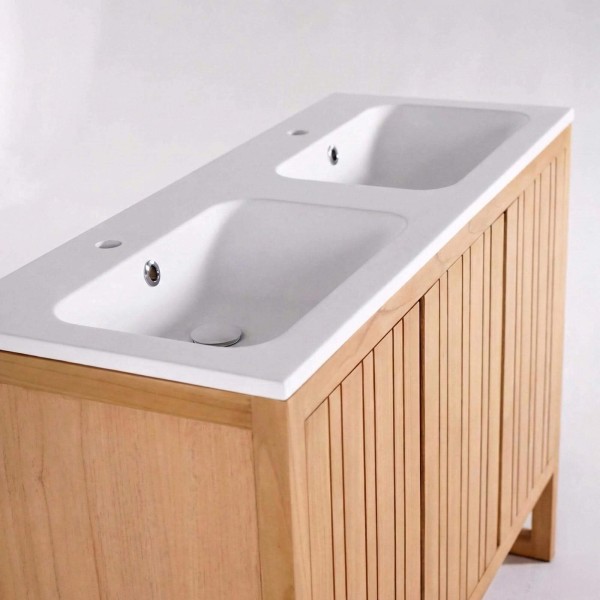 Meuble de salle de bain double vasque en bois massif, blanc mat - Satya