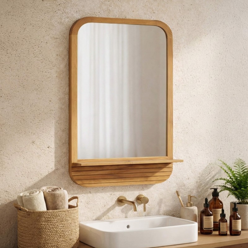 Miroir rectangulaire avec tablette en teck massif - Kama