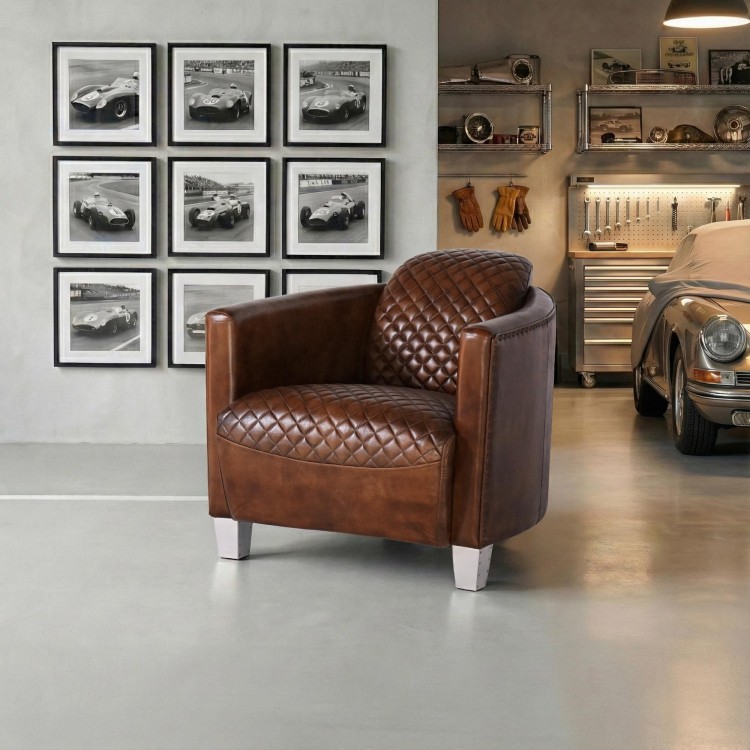Fauteuil club anglais en cuir marron véritable style industriel - Oscar