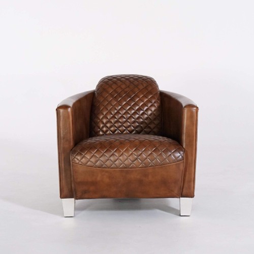 Fauteuil club anglais en cuir marron véritable style industriel - Oscar