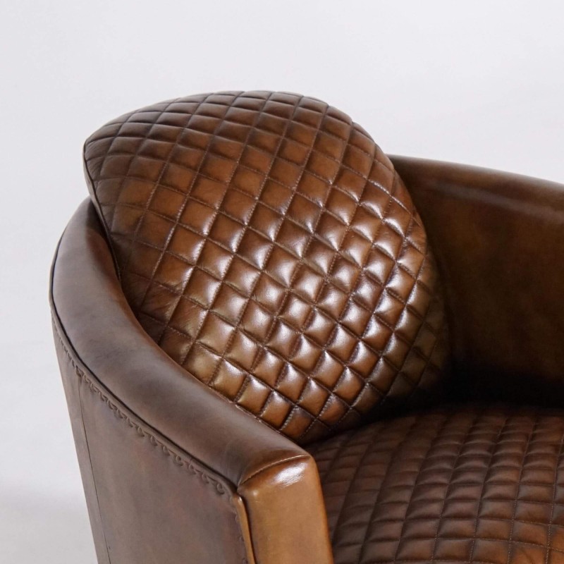 Fauteuil club anglais en cuir marron véritable style industriel - Oscar