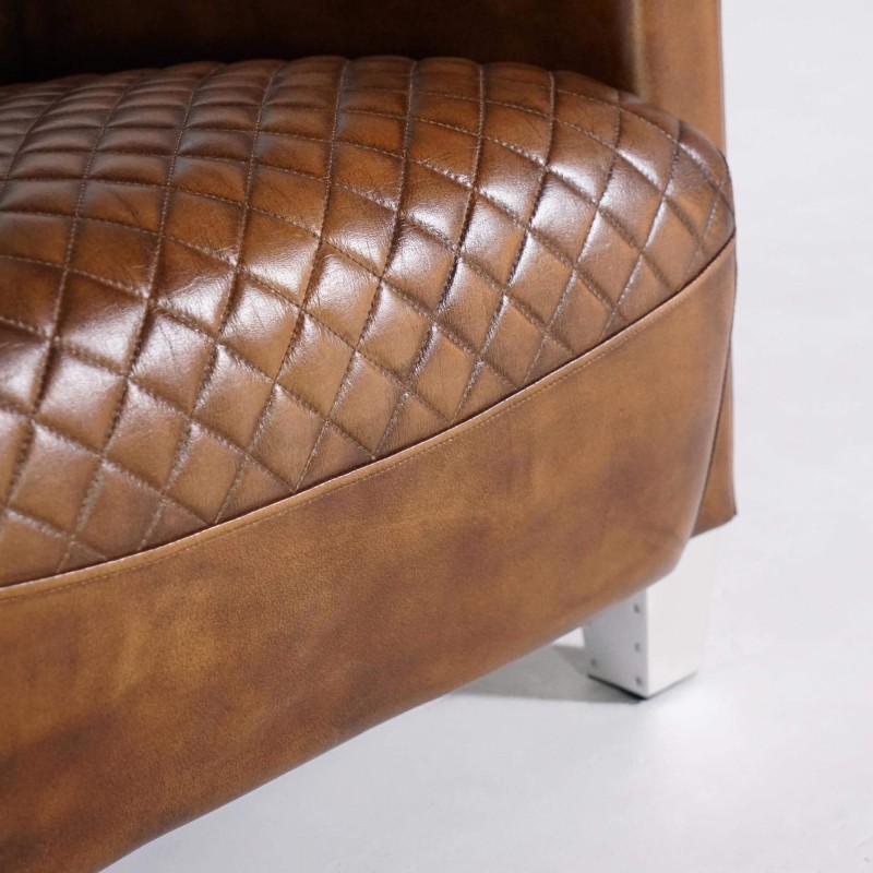 Fauteuil club anglais en cuir marron véritable style industriel - Oscar