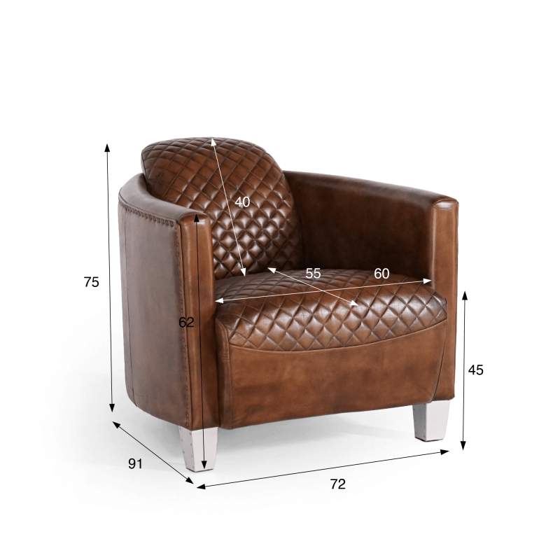 Fauteuil club anglais en cuir marron véritable style industriel - Oscar
