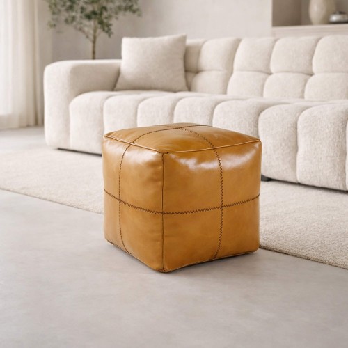 Pouf carré vintage en cuir véritable