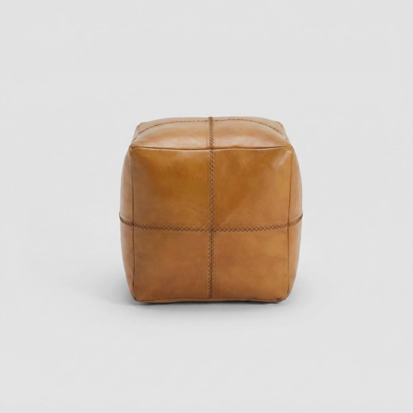 Pouf carré vintage en cuir véritable