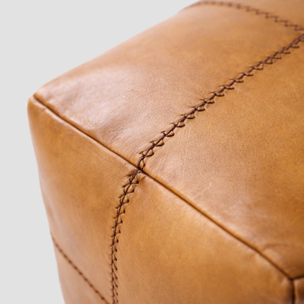 Pouf carré vintage en cuir véritable