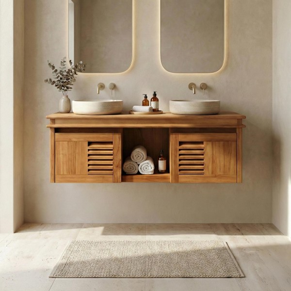 Meuble de salle de bain 120 cm double vasque en teck massif - Mira