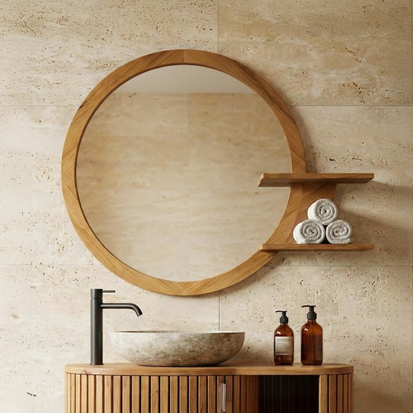 Miroir ovale avec encadrement et tablettes intégrees en teck - Leela