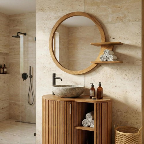 Miroir ovale avec encadrement et tablettes intégrees en teck - Leela