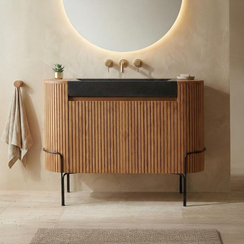 Meuble de salle de bain en teck massif avec vasque en terrazzo noir - Rani