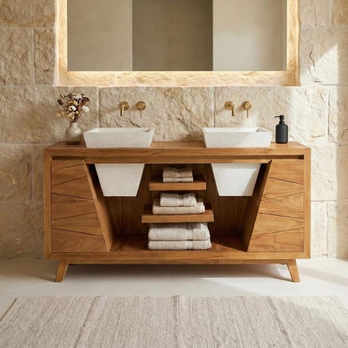Meuble de salle de bain en bois massif de teck et double vasques en terrazzo blanc - Meera