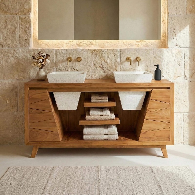 Meuble de salle de bain en bois massif de teck et double vasques en terrazzo blanc - Meera