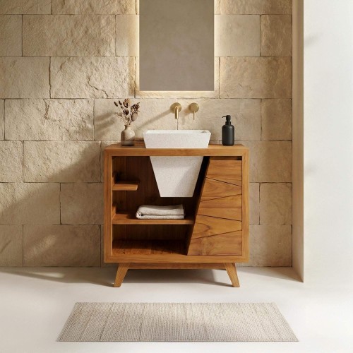 Meuble de salle de bain en teck massif et vasque en terazzo blanc - Meera
