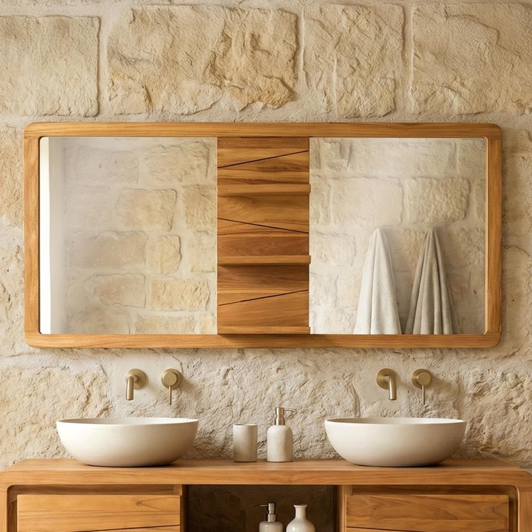 Miroir double sur support en teck avec tablettes - Sahar