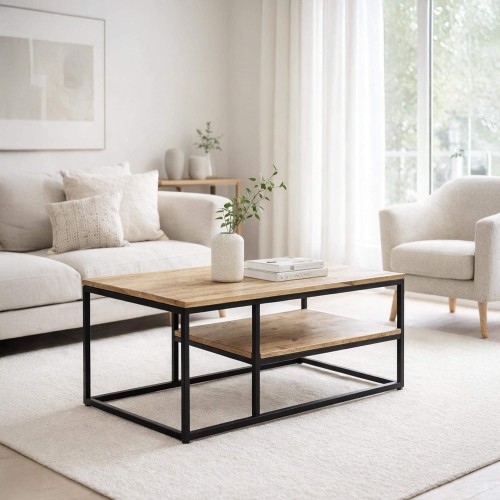 Table basse en bois avec plateau inférieur et structure en métal