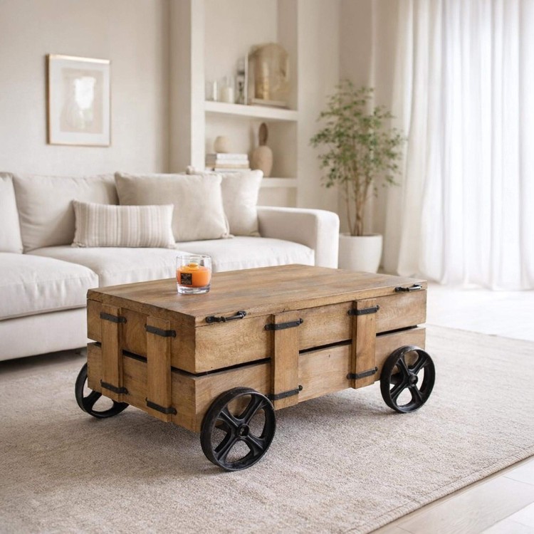 Table basse en bois massif et roulettes en métal avec coffre de rangement