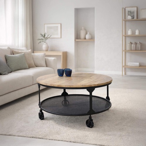 Table basse industrielle ronde avec plateau en bois massif et plateau en métal - Wild west