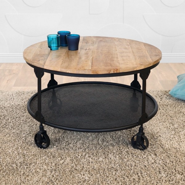 Table basse industrielle ronde avec plateau en bois massif et plateau en métal - Wild west
