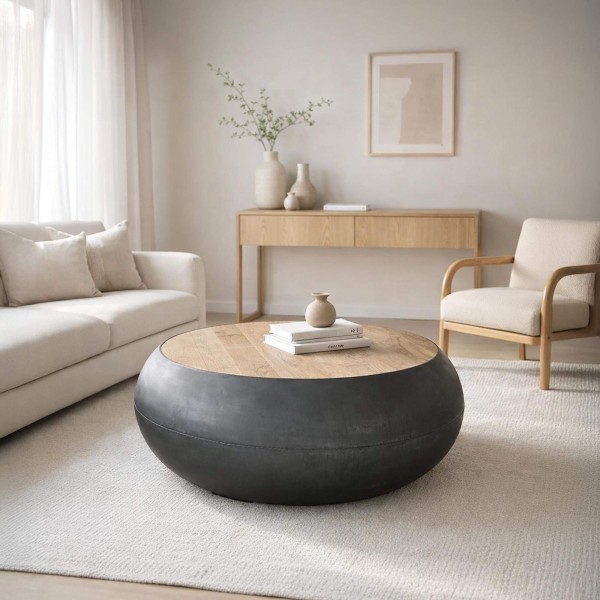 Table basse ronde en bois massif et métal style industriel - Essential