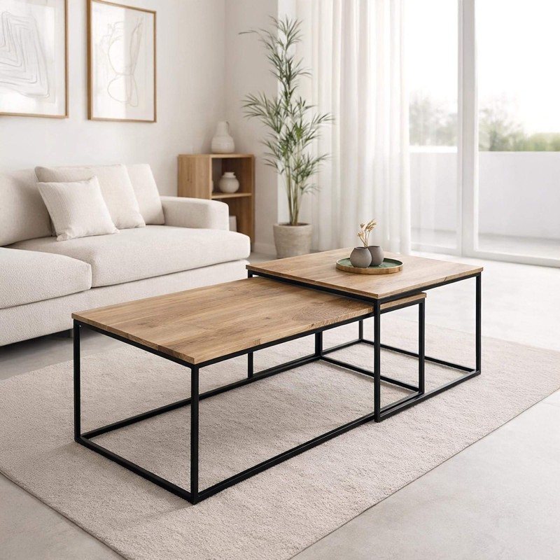 Tables basses gigognes avec plateau en bois massif et structure en métal
