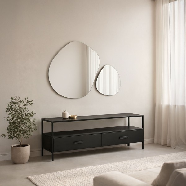 Meuble TV industriel métal noir 2 tiroirs - New York