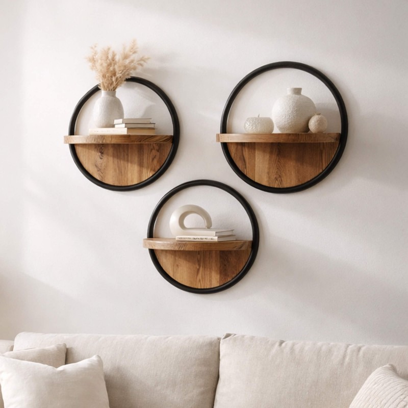 Etagère murale industrielle ronde avec tablette bois (lot de 3) - Urban