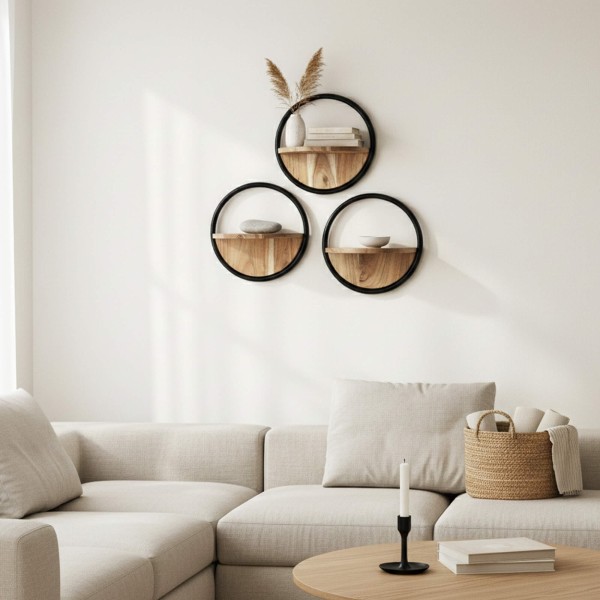 Etagère murale industrielle ronde avec tablette bois (lot de 3) - Urban