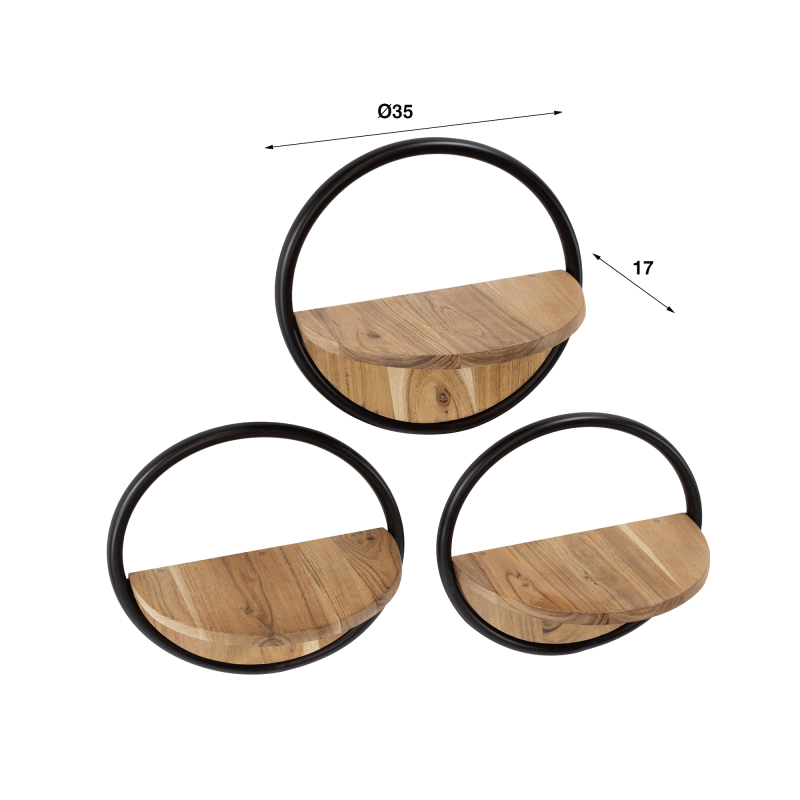 Etagère murale industrielle ronde avec tablette bois (lot de 3) - Urban