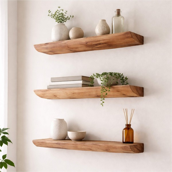 Etagère murale avec fixation invisible en bois naturel (lot de 3) - Rack