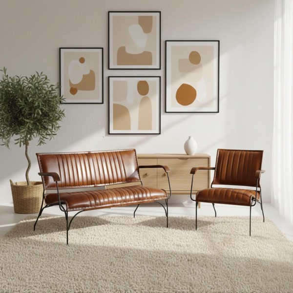 Fauteuil vintage en cuir marron 3 places - Cosy