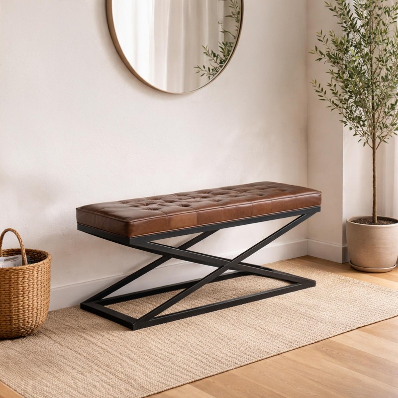 Banc en cuir naturel et métal - Clay