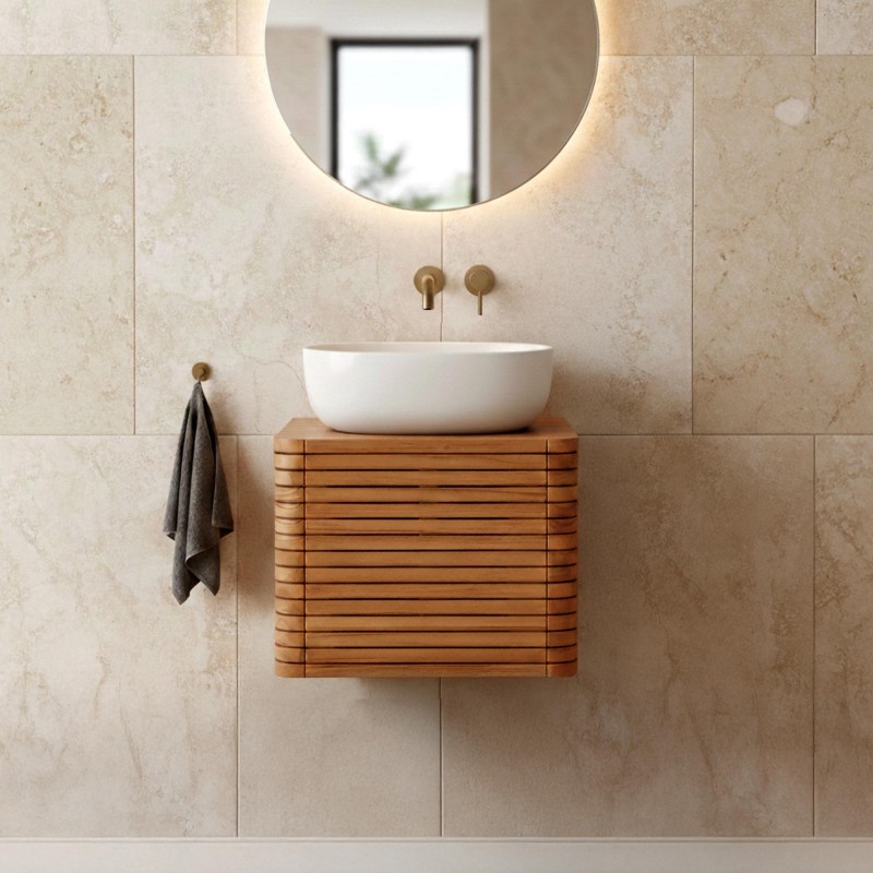 Meuble de salle de bain suspendu en teck - Lattis