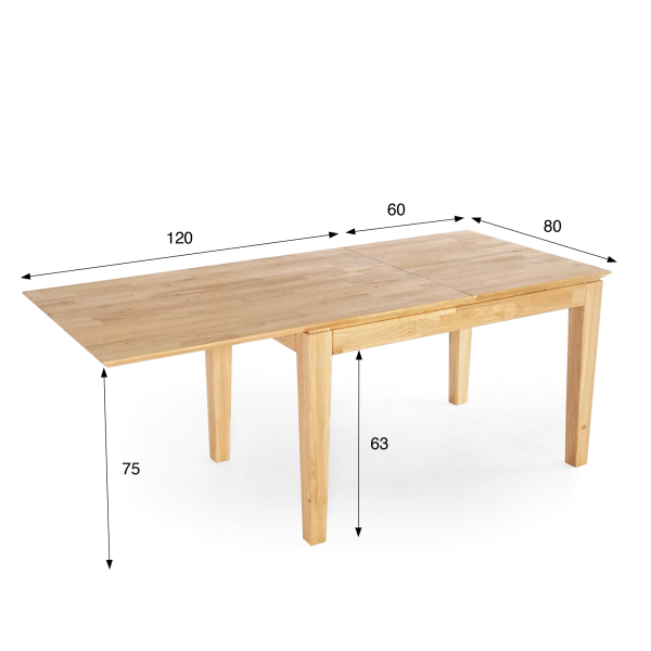 Table à manger rectangulaire en bois de chêne 120 x 80 cm avec allonge de 60 cm