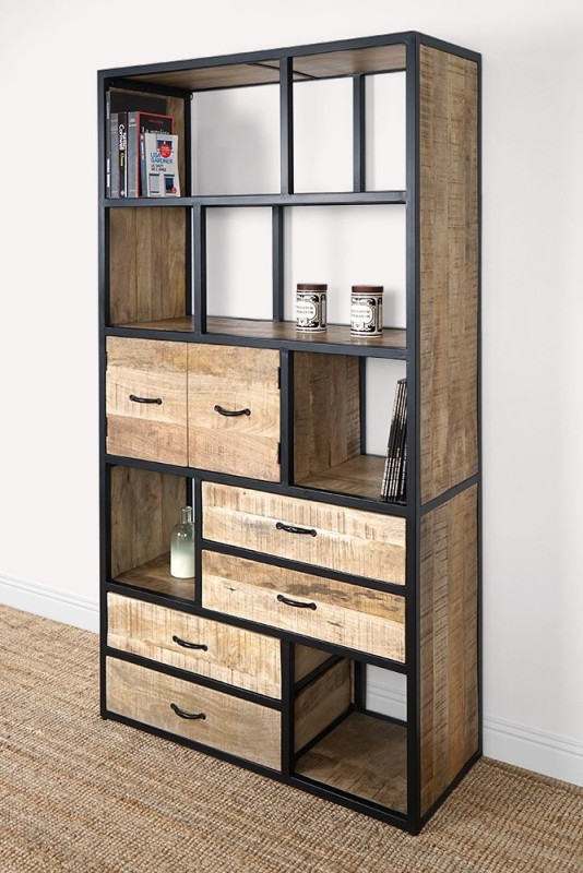 Bibliothèque étagère industrielle bois massif 185 cm x 100 cm - Walter