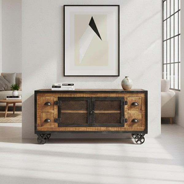 Meuble TV industriel 4 tiroirs finition carbone