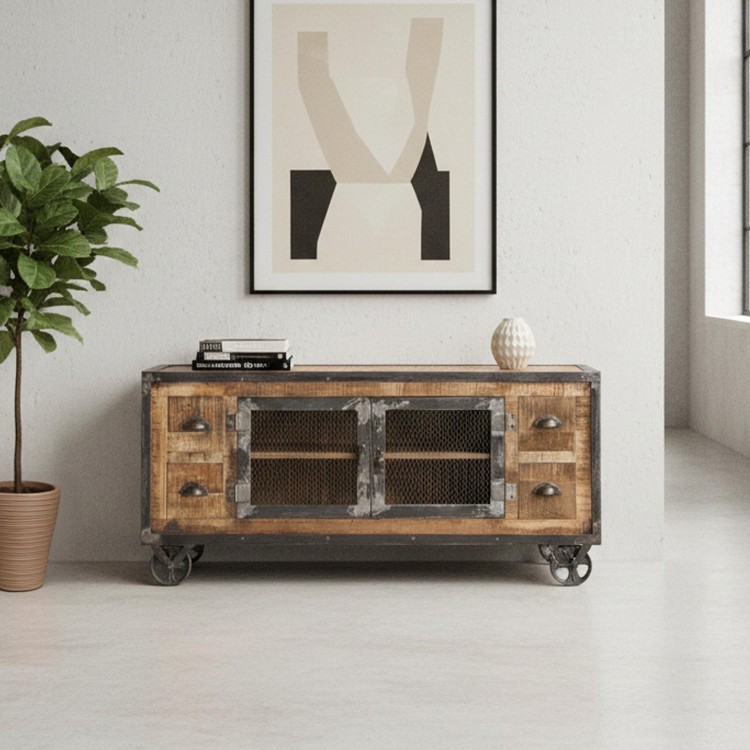 Meuble TV industriel 4 tiroirs finition antique
