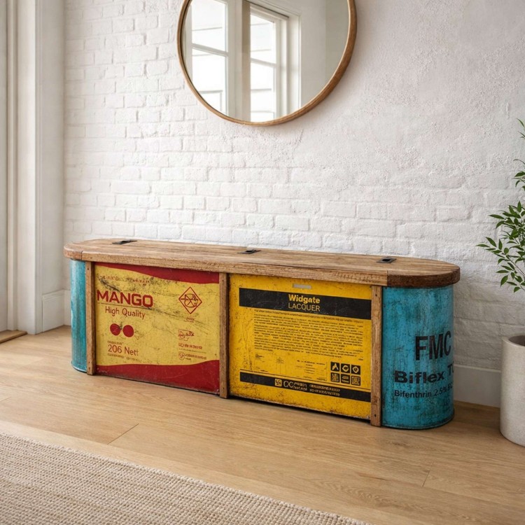 Banc coffre métal recyclé et bois